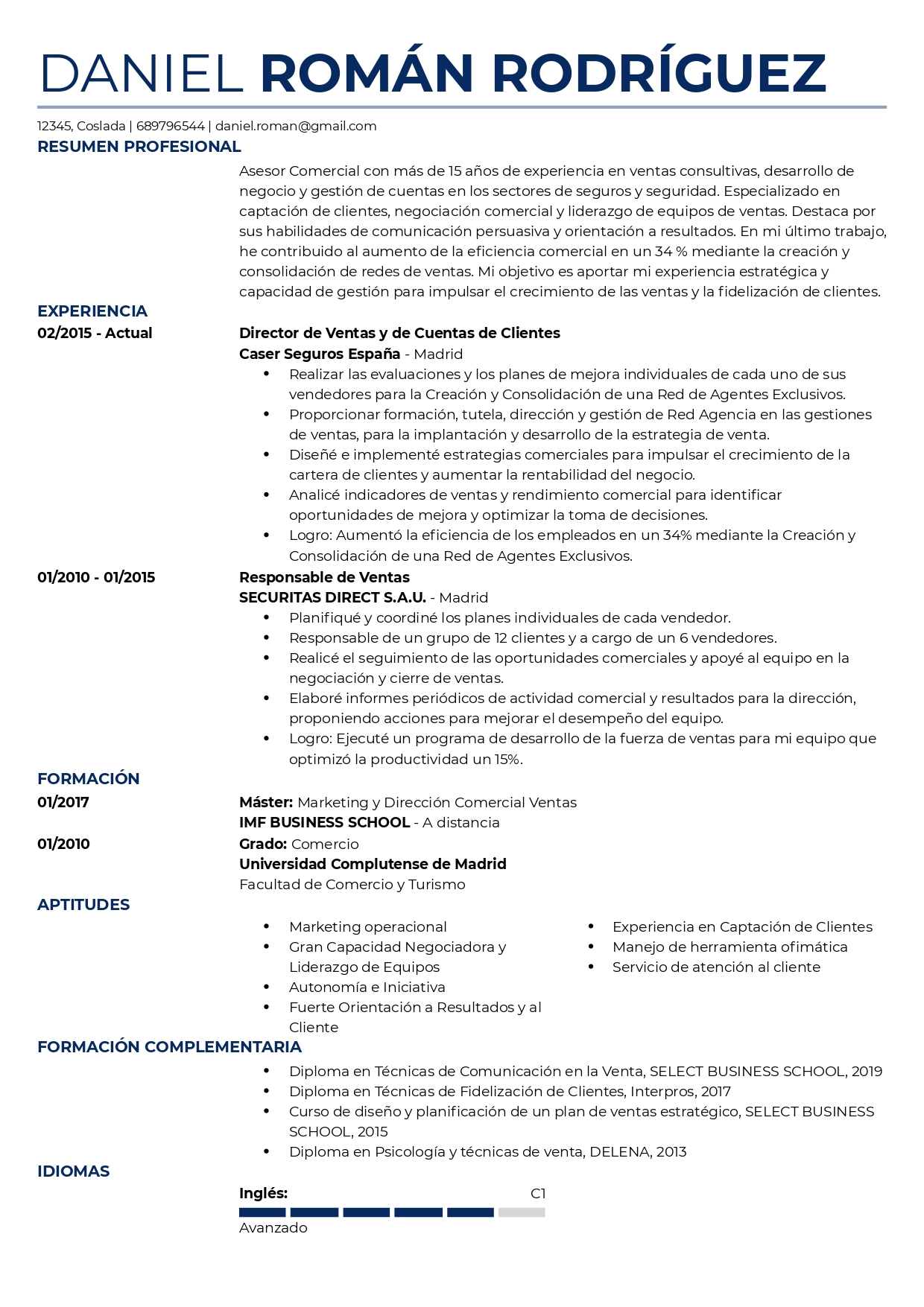 Plantilla de currículum de asesor comercial